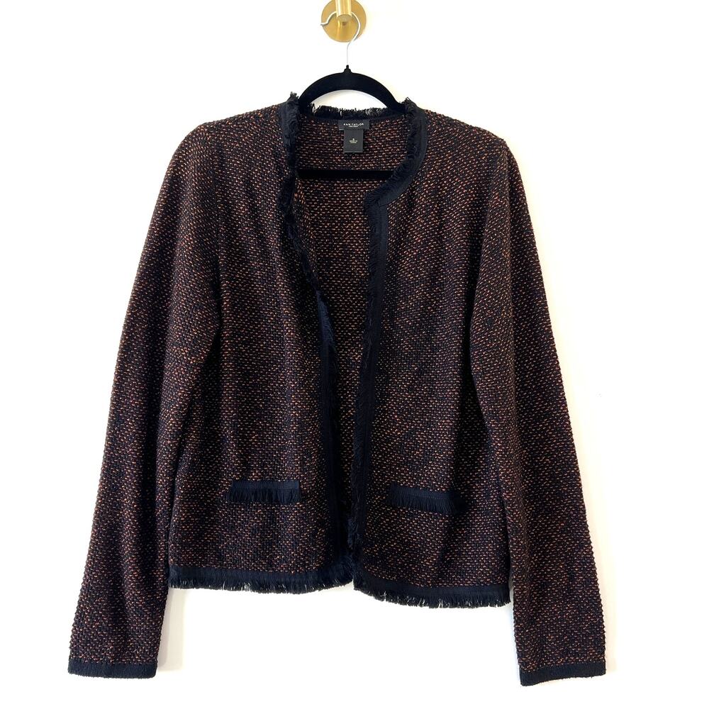 Ann Taylor Black Orange Burgundy Tweed Fringe Cardigan Blazer Womens Small
